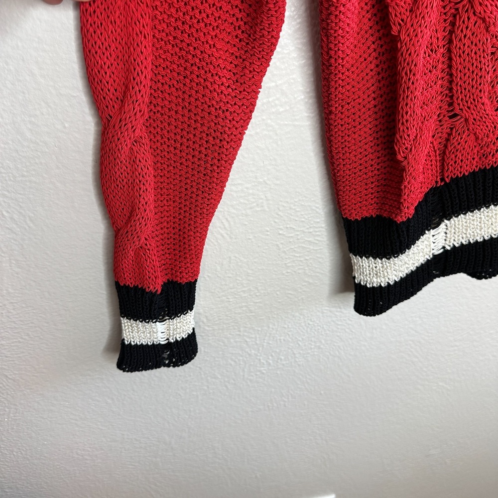 Rag & Bone Red Open Knit Cable Varsity V-Neck Sweater Mens Medium Striped Trim - Picture 5 of 8